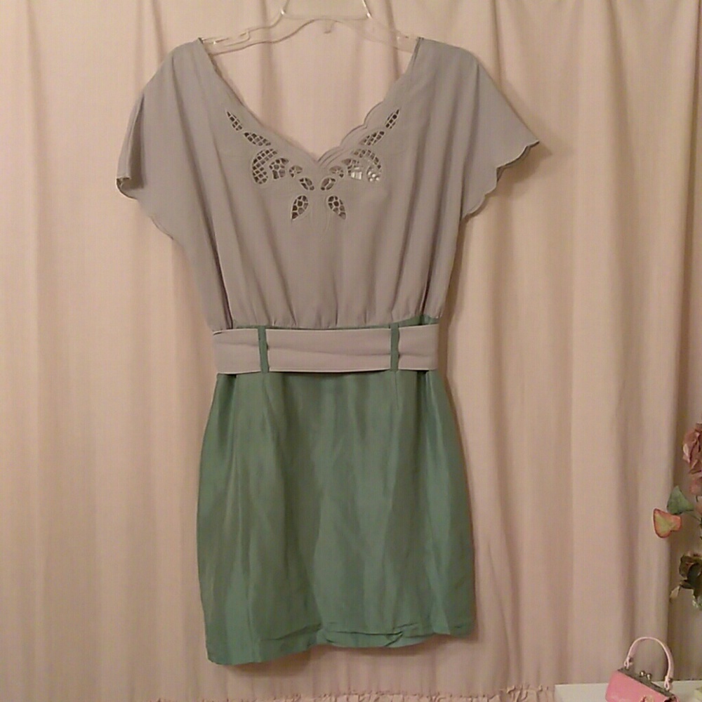 Aryn K. Silk Gray & Mint Dress